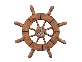 Handcrafted Model Ships SW-6-107-anchor-NH Rustic Wood Finish Decorative Ship Wheel With Anchor 6"