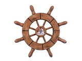 Handcrafted Model Ships SW-6-107-Sailboat-NH Rustic Wood Finish Decorative Ship Wheel With Sailboat 6"