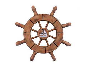 Handcrafted Model Ships SW-6-107-Sailboat-NH Rustic Wood Finish Decorative Ship Wheel With Sailboat 6&quot;