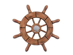 Handcrafted Model Ships SW-6-107-seashell-NH Rustic Wood Finish Decorative Ship Wheel With Seashell 6"