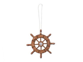 Handcrafted Model Ships SW-6-107-seashell-x Rustic Wood Finish Decorative Ship Wheel With Seashell Christmas Tree Ornament 6&quot;