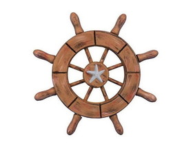 Handcrafted Model Ships SW-6-107-starfish-NH Rustic Wood Finish Decorative Ship Wheel With Starfish 6"