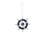 Handcrafted Model Ships SW-6-108-anchor-x Rustic Dark Blue and White Decorative Ship Wheel With Anchor Christmas Tree Ornament 6"