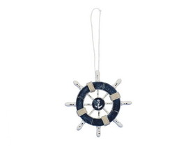 Handcrafted Model Ships SW-6-108-anchor-x Rustic Dark Blue and White Decorative Ship Wheel With Anchor Christmas Tree Ornament 6&quot;