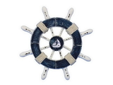 Handcrafted Model Ships SW-6-108-Sailboat-NH Rustic Dark Blue and White Decorative Ship Wheel With Sailboat 6"