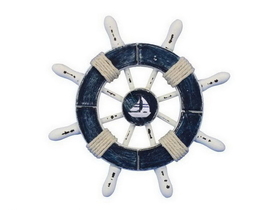 Handcrafted Model Ships SW-6-108-Sailboat-NH Rustic Dark Blue and White Decorative Ship Wheel With Sailboat 6&quot;