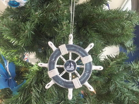 Handcrafted Model Ships SW-6-108-Sailboat-x Rustic Dark Blue and White Decorative Ship Wheel With Sailboat Christmas Tree Ornament 6"