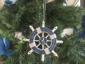 Handcrafted Model Ships SW-6-108-Seagull-X Rustic Dark Blue and White Decorative Ship Wheel With Seagull Christmas Tree Ornament 6"