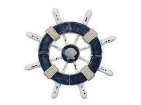 Handcrafted Model Ships SW-6-108-seashell-NH Rustic Dark Blue and White Decorative Ship Wheel With Seashell 6&quot;