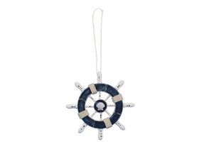 Handcrafted Model Ships SW-6-108-seashell-x Rustic Dark Blue and White Decorative Ship Wheel With Seashell Christmas Tree Ornament 6"