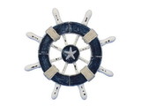 Handcrafted Model Ships SW-6-108-starfish-NH Rustic Dark Blue and White Decorative Ship Wheel With Starfish 6