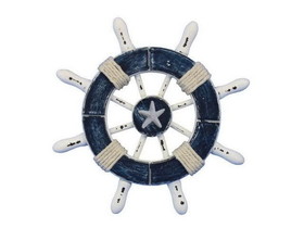 Handcrafted Model Ships SW-6-108-starfish-NH Rustic Dark Blue and White Decorative Ship Wheel With Starfish 6"
