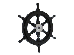 Handcrafted Model Ships SW18CH-Black Deluxe Class Wood and Chrome Pirate Ship Steering Wheel 18"