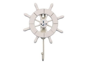 Handcrafted Model Ships Wheel-6-101-anchor White Decorative Ship Wheel with Anchor and Hook 8&quot;