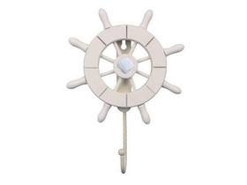 Handcrafted Model Ships Wheel-6-101-seashell White Decorative Ship Wheel with Seashell and Hook 8&quot;