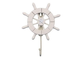 Handcrafted Model Ships Wheel-6-101-starfish White Decorative Ship Wheel with Starfish and Hook 8&quot;