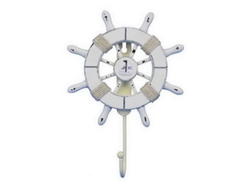 Handcrafted Model Ships Wheel-6-102-Sailboat Rustic All White Decorative Ship Wheel with Sailboat and Hook 8&quot;