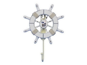 Handcrafted Model Ships Wheel-6-102-Seagull Rustic All White Decorative Ship Wheel with Seagull and Hook 8&quot;
