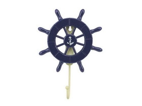 Handcrafted Model Ships Wheel-6-104-anchor Dark Blue Decorative Ship Wheel with Anchor and Hook 8&quot;