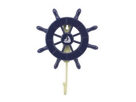 Handcrafted Model Ships Wheel-6-104-Sailboat Dark Blue Decorative Ship Wheel with Sailboat and Hook 8&quot;