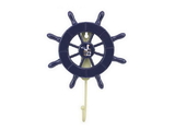 Handcrafted Model Ships Wheel-6-104-Seagull Dark Blue Decorative Ship Wheel With Seagull And Hook 8
