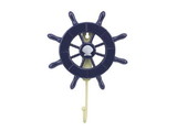 Handcrafted Model Ships Wheel-6-104-seashell Dark Blue Decorative Ship Wheel with Seashell and Hook 8"