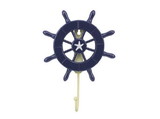 Handcrafted Model Ships Wheel-6-104-starfish Dark Blue Decorative Ship Wheel with Starfish and Hook 8"