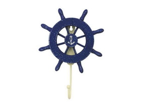 Handcrafted Model Ships Wheel-6-105-anchor Rustic All Dark Blue Decorative Ship Wheel with Anchor and Hook 8&quot;