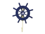 Handcrafted Model Ships Wheel-6-105-Sailboat Rustic All Dark Blue Decorative Ship Wheel with Sailboat and Hook 8"