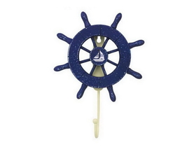 Handcrafted Model Ships Wheel-6-105-Sailboat Rustic All Dark Blue Decorative Ship Wheel with Sailboat and Hook 8&quot;