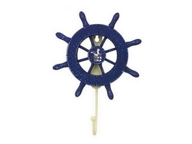 Handcrafted Model Ships Wheel-6-105-Seagull Rustic All Dark Blue Decorative Ship Wheel with Seagull and Hook 8&quot;
