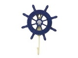 Handcrafted Model Ships Wheel-6-105-seashell Rustic All Dark Blue Decorative Ship Wheel with Seashell and Hook 8"
