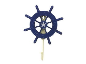 Handcrafted Model Ships Wheel-6-105-starfish Rustic All Dark Blue Decorative Ship Wheel with Starfish and Hook 8&quot;