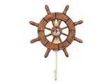 Handcrafted Model Ships Wheel-6-107-Sailboat Rustic Wood Finish Decorative Ship Wheel with Sailboat and Hook 8"