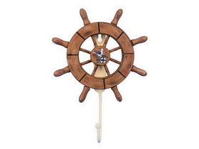 Handcrafted Model Ships Wheel-6-107-Seagull Rustic Wood Finish Decorative Ship Wheel with Seagull and Hook 8&quot;
