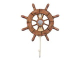 Handcrafted Model Ships Wheel-6-107-seashell Rustic Wood Finish Decorative Ship Wheel with Seashell and Hook 8"