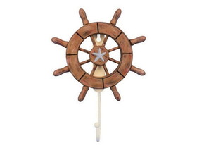 Handcrafted Model Ships Wheel-6-107-starfish Rustic Wood Finish Decorative Ship Wheel with Starfish and Hook 8&quot;