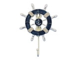 Handcrafted Model Ships Wheel-6-108-anchor Rustic Dark Blue and White Decorative Ship Wheel with Anchor and Hook 8"