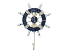 Handcrafted Model Ships Wheel-6-108-anchor Rustic Dark Blue and White Decorative Ship Wheel with Anchor and Hook 8&quot;