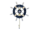 Handcrafted Model Ships Wheel-6-108-Sailboat Rustic Dark Blue and White Decorative Ship Wheel With Sailboat and Hook 8"