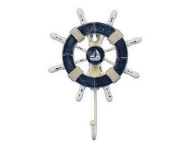 Handcrafted Model Ships Wheel-6-108-Sailboat Rustic Dark Blue and White Decorative Ship Wheel With Sailboat and Hook 8&quot;