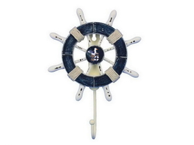 Handcrafted Model Ships Wheel-6-108-Seagull Rustic Dark Blue and White Decorative Ship Wheel With Seagull and Hook 8&quot;