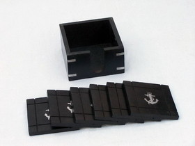 Handcrafted Model Ships WN-0129-CH Wooden Black Coasters with Chrome Anchor Inlay 4" - Set of 6