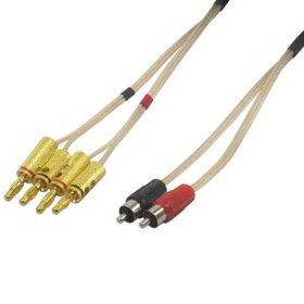 IEC L74254-03 16 AWG Speaker wire pair with RCA Male (Black & Red) to 2 pair Banana Plugs 3'