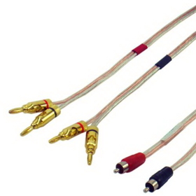 IEC L74254-06 16 AWG Speaker wire pair with RCA Male (Black and Red) to 2 pair Banana Plugs 6'