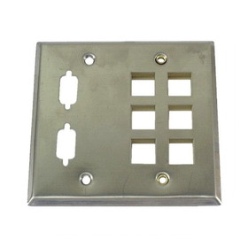 IEC WS21808 Stainless Steel Wall Plate Multimedia 2 Gang (6 Keystone plus 2 VGA (DB09/DH15) cutouts)