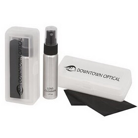 OptiSource IMPRINTED "The Box" Lens Cleaner Kit - 1 oz. - Clear Sprayer & Gray Cloth (100/box)