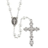 Creed J5652 White Glass Round Pearl Rosary
