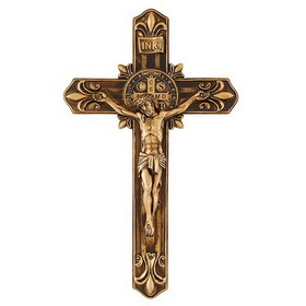 Jeweled Cross N5009 12.5"Saint Benedict Antique Gold Fleur-De-Lis Wall Crucifix