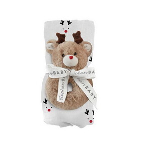Stephan Baby N6582 Swaddle Blanket + Plush Reindeer Rattle - Reindeer